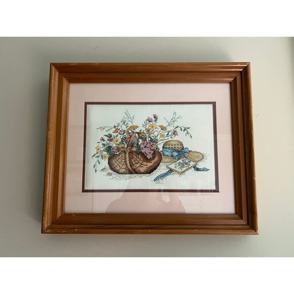 1920s Antique Victorian Needlepoint Embroidery Flowers in a Basket Art Piece - Picture 1 of 5